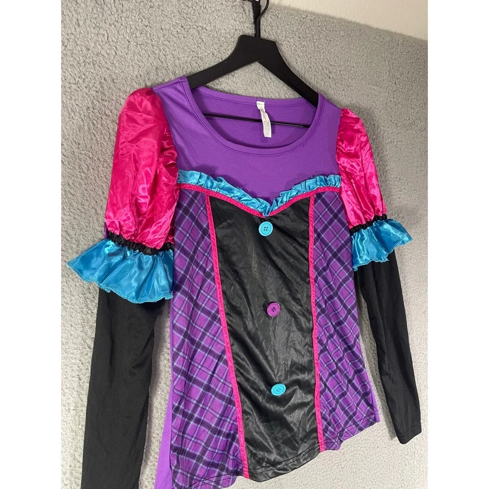Girls Teen L 12 14 Jester Costume Top Purple Pink Black Halloween Carnival Shirt